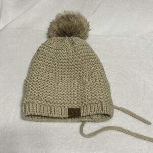 C.C Beanie Knit Pom Pom Hat Beige Winter Warm Chunky Knit Womens